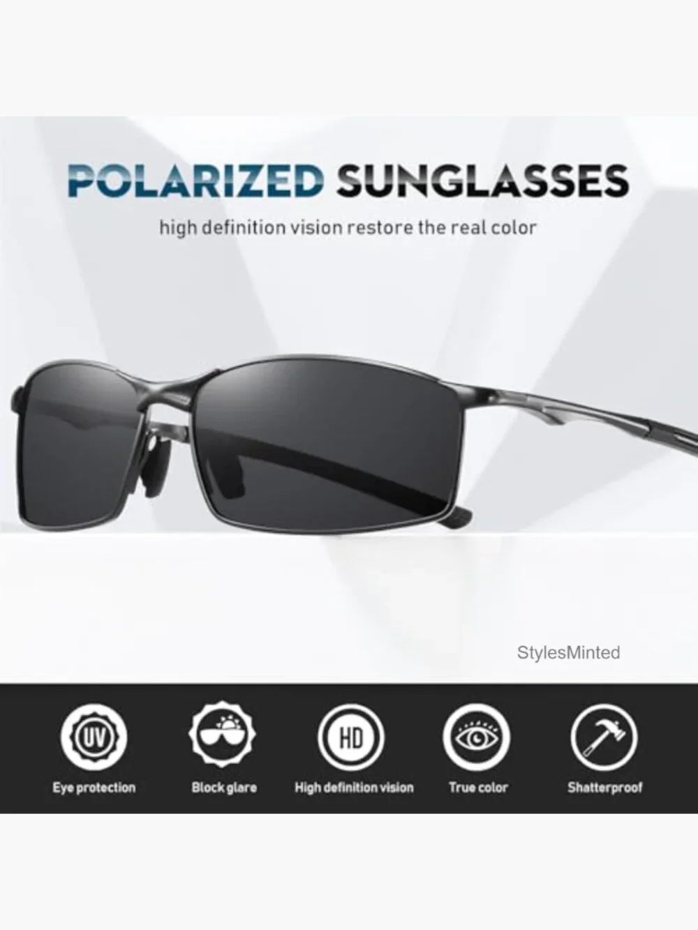 Men's Polarized Rectangular Sunglasses Ultra Lightweight Metal Frame Fishing